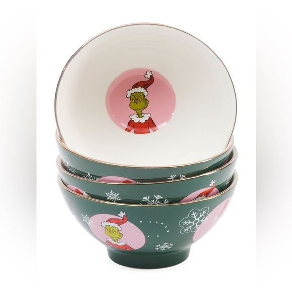 NIB DR SEUSS ZRIKE BRANDS Set Of 4 PINK AND GREEN Grinch CHRISTMAS Cereal Bowls - Picture 3 of 9